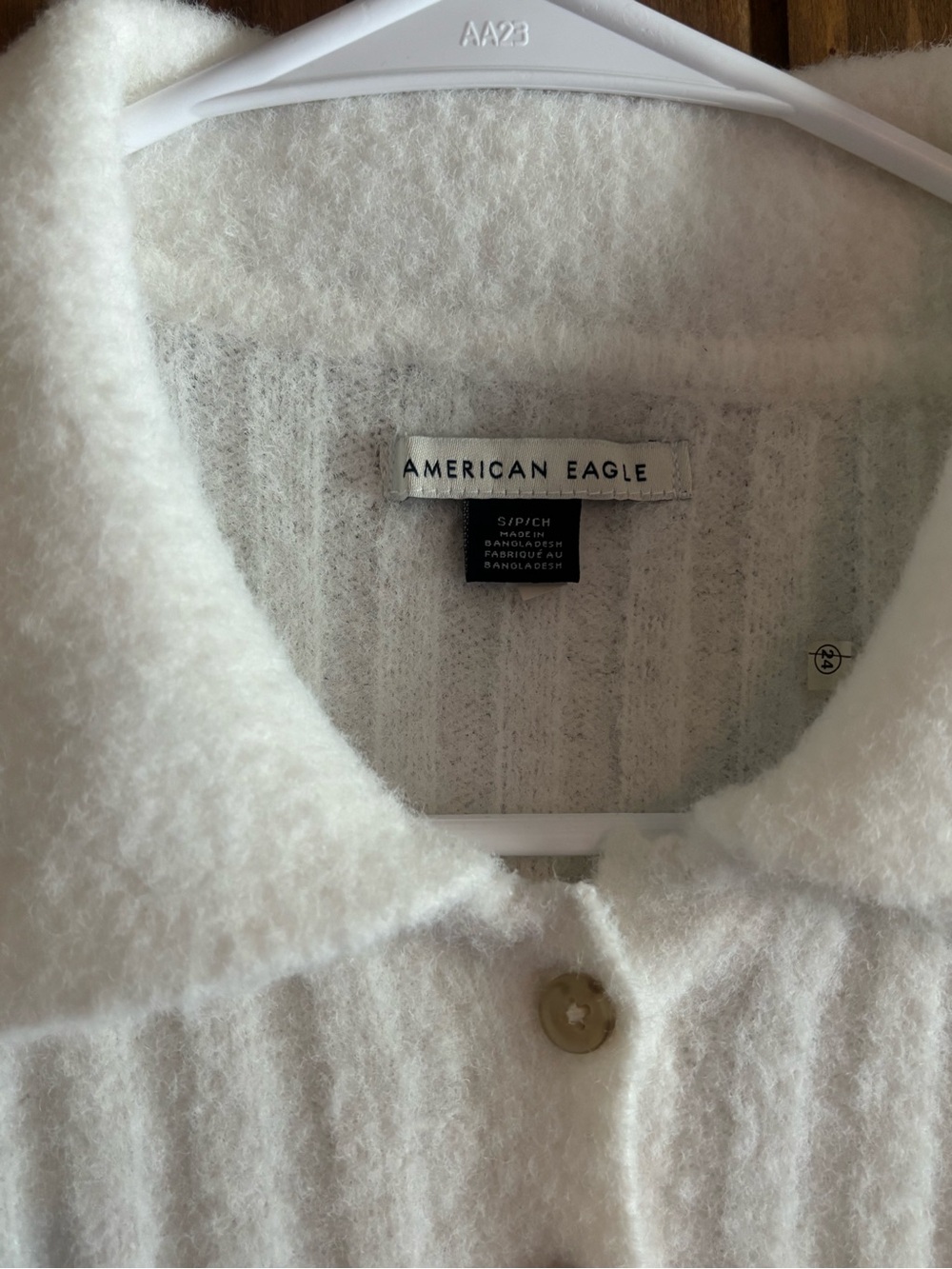 American Eagle White Ribbed Fuzzy Cropped Polo Sweater Long Sleeve Womens Small - Picture 5 of 9